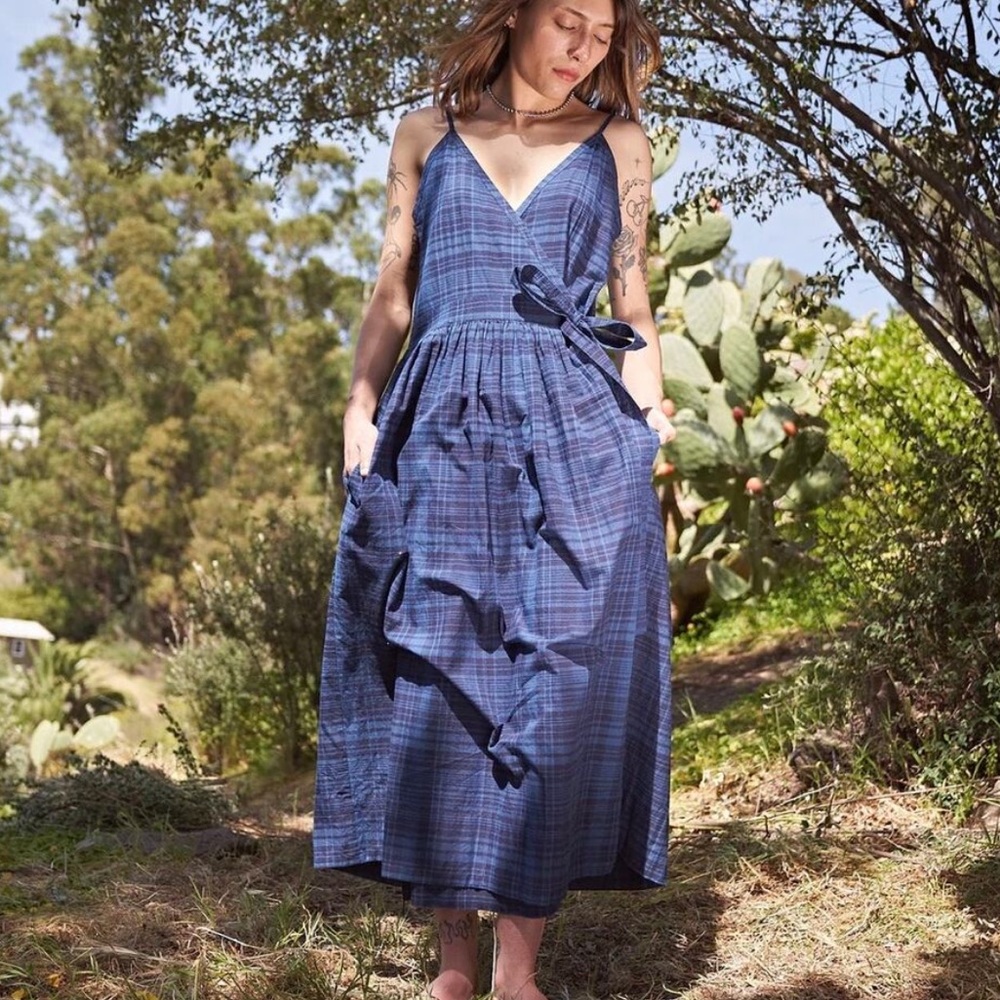 Indi + Ash Mica Wrap Maxi Dress Organic Cotton Indigo Madras 2 Small Sustainable